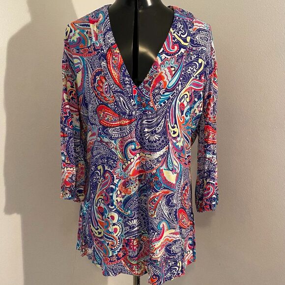 Liz Claiborne Paisley V-Neck Boho Multi Color Womens Top/Tunic Size S - Picture 1 of 4